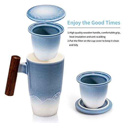 SULIVES Taza de Te Porcelana Mug Infusión con Filtro y Tapa Mango de madera 400ml (azul)