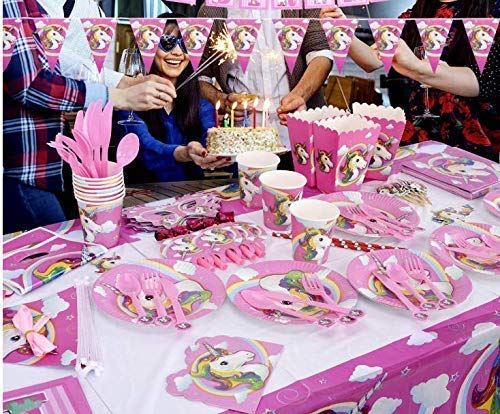 Suministros de Decoraciones de Fiesta de Unicornio -WENTS 10 personas Rosa Desechable Plato Servilletas Taza Paja Mantel para Niños Niña Boda Accesorio de Decoración de Fiesta de Cumpleaños 81 Piezas