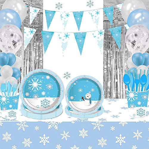 Suministros Fiesta Frozen, Fondo Decoración Cumpleaños Tema Winter Wonderland con Cortina Flecos Plateados, Banderines Copo Nieve y Mantel Copo Nieve para Cumpleaños Niños, Fiesta Bienvenida Al Bebé