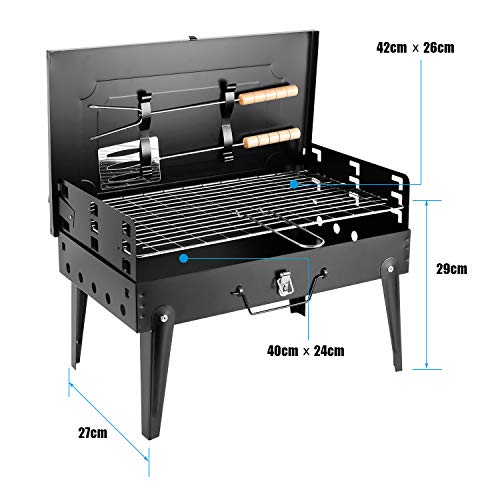 SunJas Barbacoa Portátil Barbacoa de Carbón Plegable con Parrillas de Acero Inoxidable Asador al Aire Libre Mini BBQ para 4-6 Personas para Jardin, Picnic, Camping - Color Negro