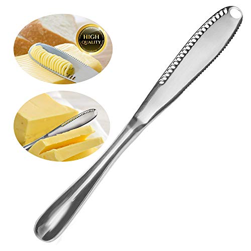 SUNJULY Cuchillo de Mantequilla 3 en 1, Rizador de Mantequilla de Acero Inoxidable Multifunción Borde Dentado, Ranuras de Trituración para Cortar Vegetales Queso de Frutas