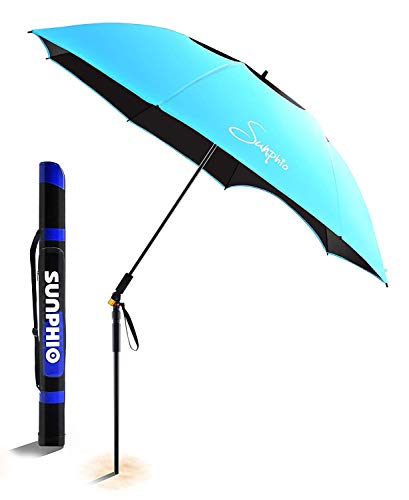 Sunphio Sombrilla Playa Grande, Anti Viento, Portátil y Proteccion UV con un Poste Inclinable 360° y Telescópico, 2 Ancla de Metal, 1 Bolsa Ideal para Viaje, Picnic, Deportes y Más (Azul)