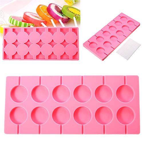 Supercat Molde de Paleta de Silicona Bandejas Redondas Jalea de Caramelo Cubo de Hielo Galletas de Chocolate Molde para Hornear de Paleta + 100 palitos de rosalor Rosa (Pink)