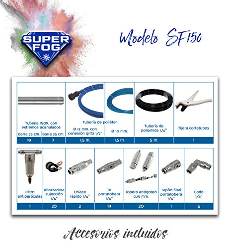 SUPERFOG Kit de nebulización con 20 Puntos de enfriamiento. Refrigeración por Agua pulverizada. Neblina refrescante para Patios, terrazas y áreas Exteriores Desde 5 hasta 50 Metros Cuadrados.