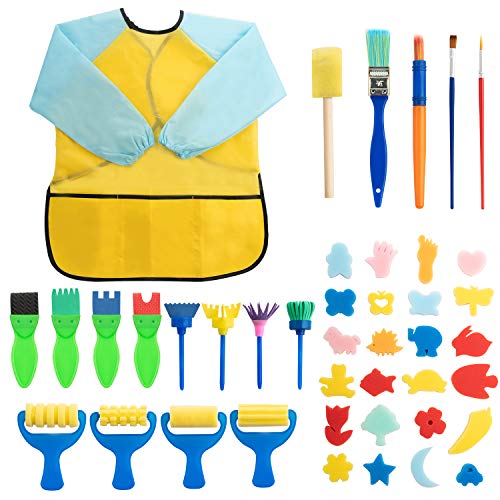 Surplex 42 Piezas Niños Temprano Aprendizaje Esponja Pintura Cepillos Kit, para Niños Pintura DIY Artesanías, Incluye Pinceles de Esponja, Craft Pinceles y Delantal Impermeable con 3 Bolsillos