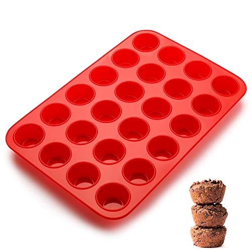 SveBake - Mini molde de silicona para 24 magdalenas con revestimiento antiadherente, muffins, cupcakes, brownies, pasteles, pudding, 34 x 23 x 2,5 cm, diámetro de 4,5 cm, color rojo