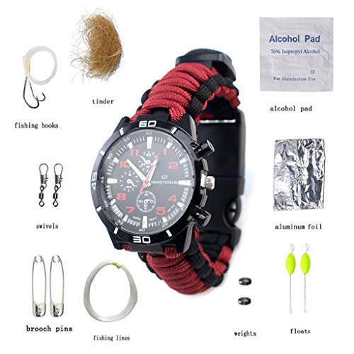 Sweet Reloj De Supervivencia Multifunción para Exteriores, Reloj De Campamento para Caminatas, con Cuerda De Paraguas, Brújula, Pedernal, Termómetro, Etc,J