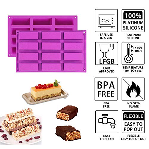 Sycle Circle 2 Unidades 12 cavidades Rectangular Granola Bar Molde de Silicona + 100 Piezas Bolsas de premios, Nutrición Energía Cereal Chocolate Bar Molud para Hornear Pan Brownie Cheesecake