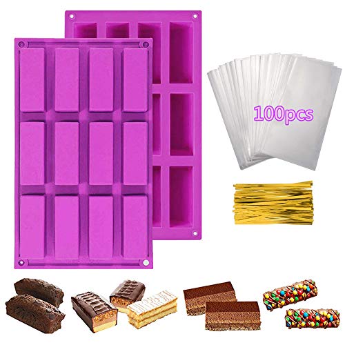 Sycle Circle 2 Unidades 12 cavidades Rectangular Granola Bar Molde de Silicona + 100 Piezas Bolsas de premios, Nutrición Energía Cereal Chocolate Bar Molud para Hornear Pan Brownie Cheesecake