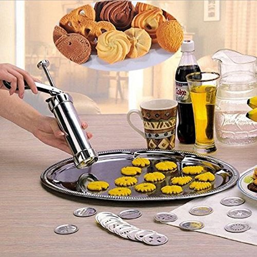 Syfinee Cookie Press Stainless Steel Biscuit Press Biscuit Press Set Cookie Maker Machine Kit 20 Discs 4 Icing Tips Spritz Dough Biscuits Making Tools for DIY Biscuit Maker and Decoration