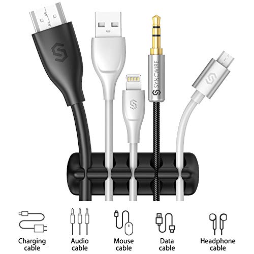 Syncwire Organizador Clip de Cable [5 Unidades] Administrador Mini Soporte de Cable con Ganchos Adhesivos Soporte para Cable de alimentación y Accesorio de Carga Cable de Mouse, PC, Oficina y hogar