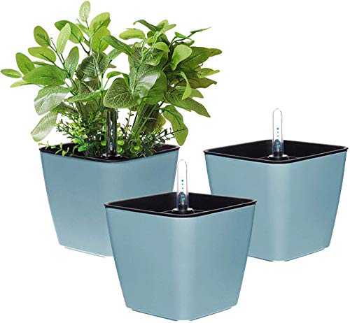 T4U 13CM Auto Riego Plantador Azul Cuadrada Paquete de 3, Maceta para Interiores al Aire Libre Jardines de Windowsill Planta Decorativa para Flores Hierbas