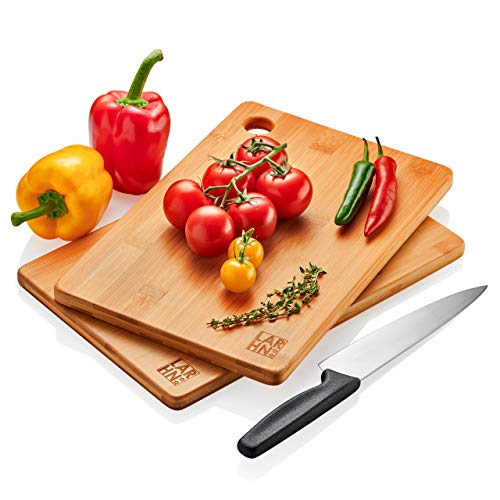 Tablas De Cortar Cocina en Madera Premium Extra-Gruesas - Juego de 2 Piezas en Madera de Bambú Para Picar - Certificación FSC y LFGB - Ideal Para Carnes, Verduras, Queso y Pan