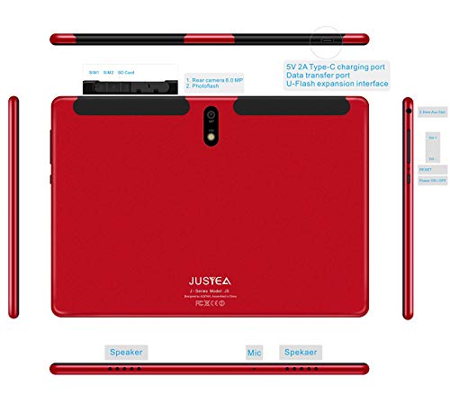 Tablet 10 Pulgadas Android 10.0 Tableta Ultra-Portátiles - RAM 4GB | 64GB Expandible (Certificación Google gsm) -JUSYEA - Batería de 8000mAh : SIM Dual & WiFi —Ratón | Teclado y Otros (Rojo)