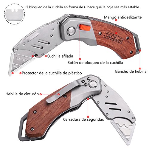 TACKLIFE Cúter, Cuchillo Plegable con 5 Hojas, Cuchillo de Seguridad con Mango de Madera, Navaja Multiuso y Bloqueo Plegable Seguro, Mango Antideslizante UKW03