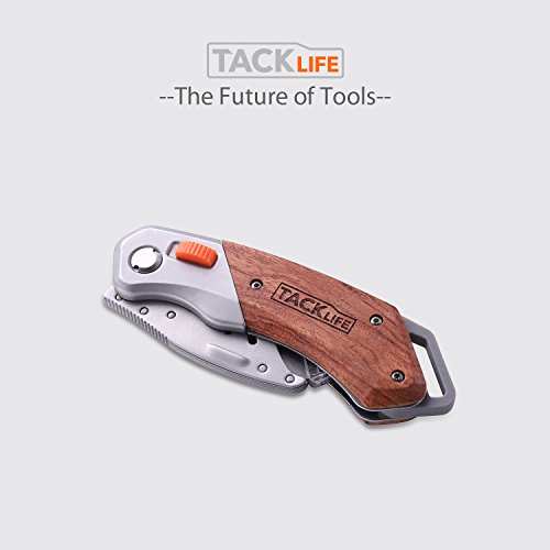 TACKLIFE Cúter, Cuchillo Plegable con 5 Hojas, Cuchillo de Seguridad con Mango de Madera, Navaja Multiuso y Bloqueo Plegable Seguro, Mango Antideslizante UKW03