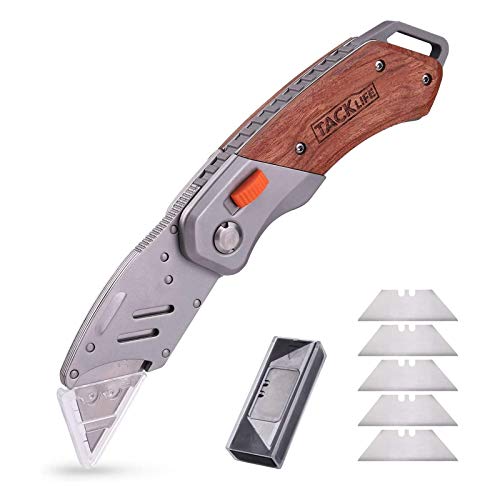 TACKLIFE Cúter, Cuchillo Plegable con 5 Hojas, Cuchillo de Seguridad con Mango de Madera, Navaja Multiuso y Bloqueo Plegable Seguro, Mango Antideslizante UKW03