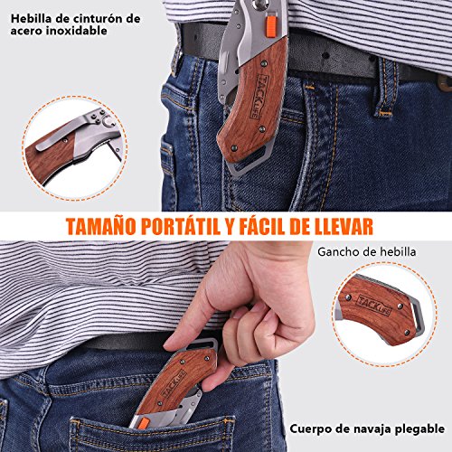 TACKLIFE Cúter, Cuchillo Plegable con 5 Hojas, Cuchillo de Seguridad con Mango de Madera, Navaja Multiuso y Bloqueo Plegable Seguro, Mango Antideslizante UKW03