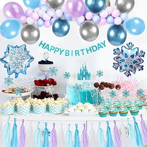 Tacobear Elsa Frozen Fiesta Cumpleaños Decoración Azul Fiesta Guirnalda de Globos Cake Cupcake Topper Banner Guirnalda de Borlas Tiara Varita mágica para Niñas Frozen Cumpleaños Fiesta Suministros