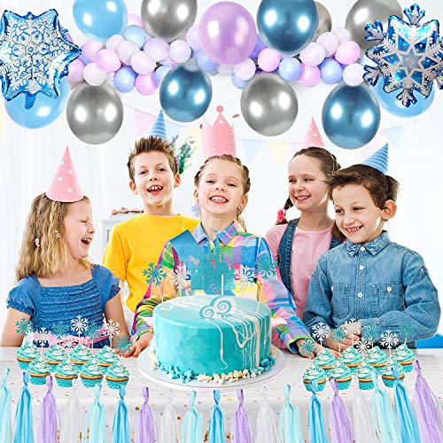 Tacobear Elsa Frozen Fiesta Cumpleaños Decoración Azul Fiesta Guirnalda de Globos Cake Cupcake Topper Banner Guirnalda de Borlas Tiara Varita mágica para Niñas Frozen Cumpleaños Fiesta Suministros