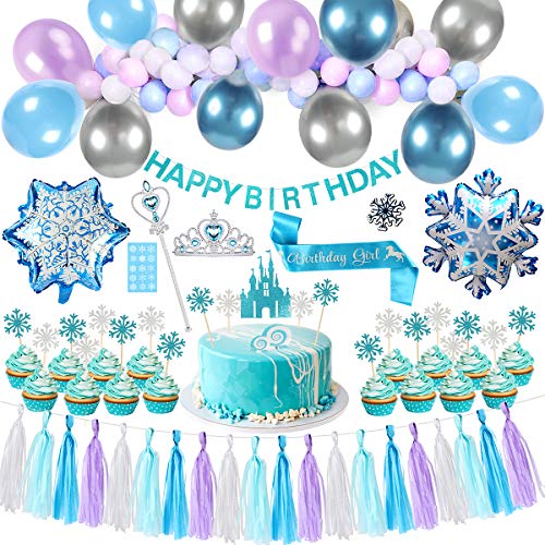 Tacobear Elsa Frozen Fiesta Cumpleaños Decoración Azul Fiesta Guirnalda de Globos Cake Cupcake Topper Banner Guirnalda de Borlas Tiara Varita mágica para Niñas Frozen Cumpleaños Fiesta Suministros