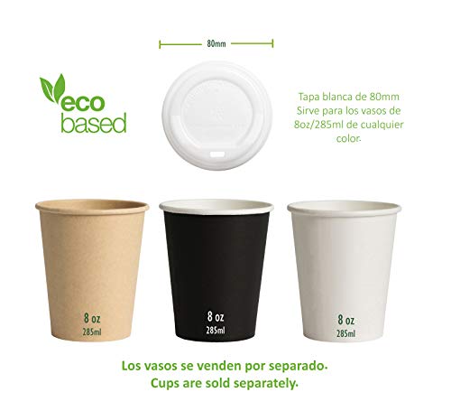 Tapas Desechables Biodegradables Café Para Llevar, Paquete de 50 unidades - Fabricadas con Ingeo™, Material 100% Ecológico - Perfecto para Oficinas y Ferias (Blanco, 80 mm)