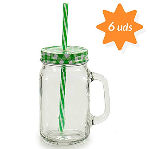 TAPAS & ENVASES RIOJA Vasos Jarras de Agua Cristal con Pajita Reutilizable y Tapa jarras de Vidrio para Cerveza, Agua, Botes con Pajita para Beber Pack de 6 Unidades de Colores de 430 Ml