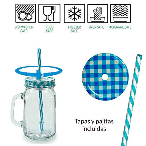 TAPAS & ENVASES RIOJA Vasos Jarras de Agua Cristal con Pajita Reutilizable y Tapa jarras de Vidrio para Cerveza, Agua, Botes con Pajita para Beber Pack de 6 Unidades de Colores de 430 Ml