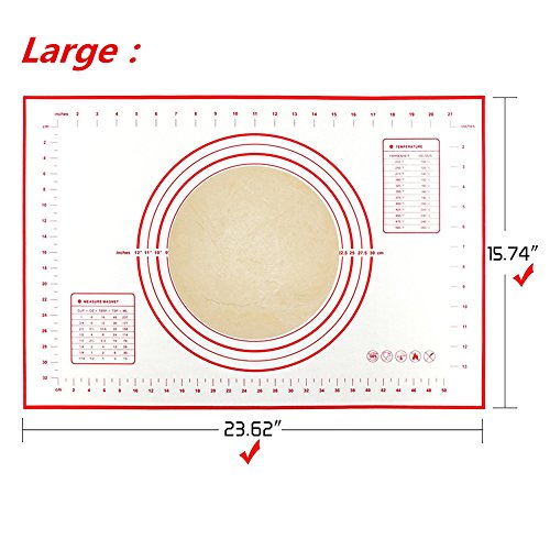 Tapete de Silicona para Hornear Baking Mat Grande Antiadherente, Raspador de Regalo, Incluye Medidas, Libre de BPA, para Hacer Fondant Pizza Dough Tarta, 60 x 40 cm (Rojo)