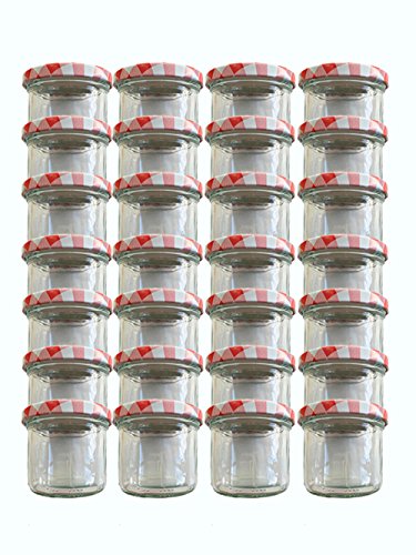 Tarro Juego de tarros vasos | cantidad 25 pieza | cantidad de relleno 125 ml, con Tapa de rosca Tapa Color Rojo Cuadros 25 etiquetas NZ | para mermelada (presupuesto etiquetas etiquetar vasos