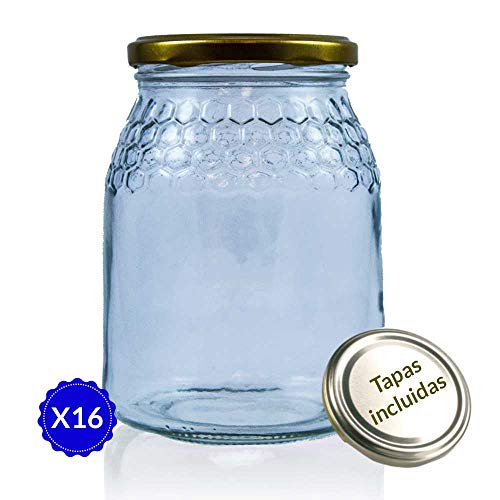 Tarros de Cristal para Miel de 1kg tarros Miel con Cierre hermético Pack de envases para Miel con Tapas Incluidas .Tarro para Miel con Grabado de celdillas en el Vidrio. (16 Unidades)