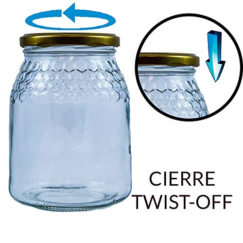 Tarros de Cristal para Miel de 1kg tarros Miel con Cierre hermético Pack de envases para Miel con Tapas Incluidas .Tarro para Miel con Grabado de celdillas en el Vidrio. (16 Unidades)