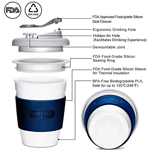 Taza de Café para llevar con Tapa, Taza de Café Reutilizable Faireach con Manga Antideslizante, taza de café portátil de Viaje con sin BPA, Apto para lavavajillas y microondas, 340ml (12 oz, Azul)