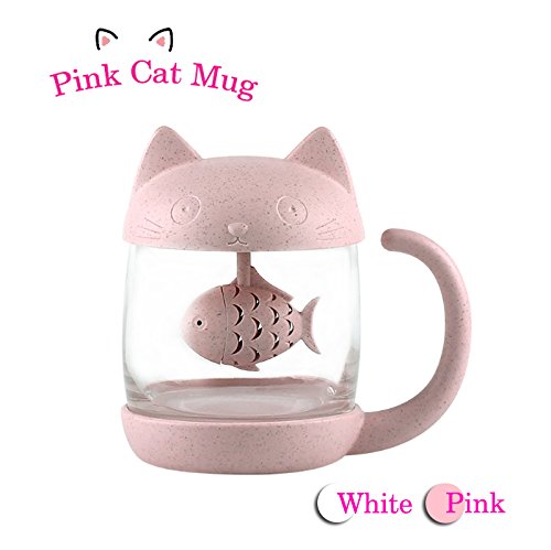 Taza de té de cristal del gato Taza De Agua Bottle-With Fish Tea Filtro filtro de infusión 250ml (8oz) (Rosa)