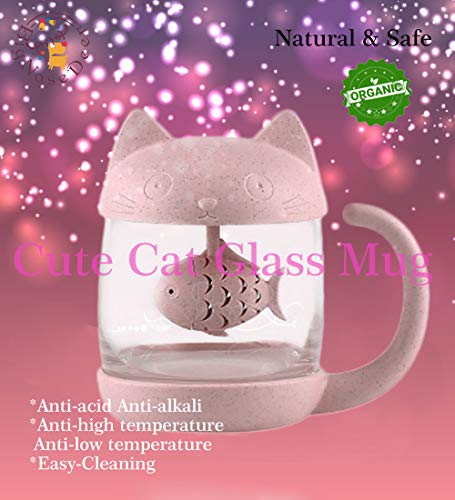 Taza de té de cristal del gato Taza De Agua Bottle-With Fish Tea Filtro filtro de infusión 250ml (8oz) (Rosa)