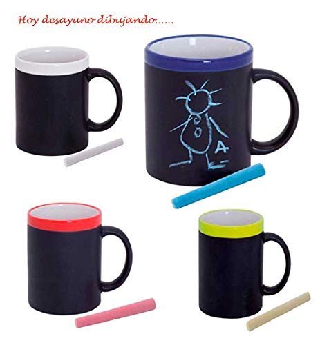 Taza Pizarra de cerámica con Tiza a Tono. Lote de 20 Tazas Colores Variados, Ideal para Que los niños se diviertan desayunando. Regalos cumpleaños, Detalles Infantiles para Eventos.