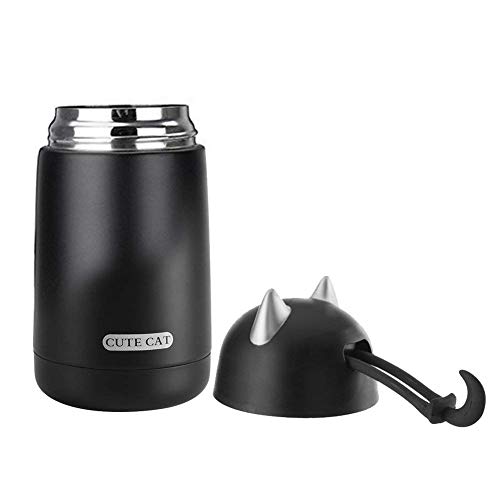 Taza Termo de Forma Gato Portatil Taza Botella de Agua Café Bebida Caliente Copa Acero Inoxidable Viaje Deporte para Niños 330ml (Negro)