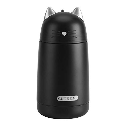 Taza Termo de Forma Gato Portatil Taza Botella de Agua Café Bebida Caliente Copa Acero Inoxidable Viaje Deporte para Niños 330ml (Negro)