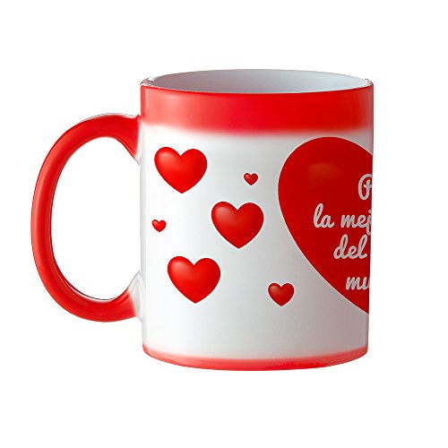 Taza Termosensible – Taza Roja con Corazones y Mensaje – “para la Mejor Mami del Mundo Mundial“ – Taza de Café con Efecto de Color – Idea para el Día de la Madre – Regalo para el Día de la Madre