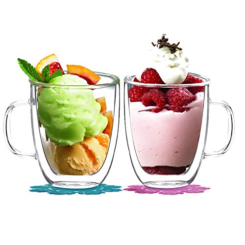 Tazas de vidrio doble pared,BOQO Taza de cristal con mango,400ml Juego de 2