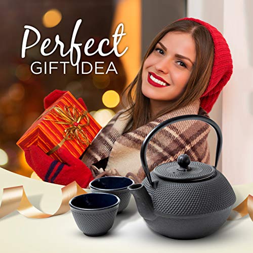 Tealøv Tetera Hierro Fundido Set 800 ml – Servicio DE TÉ Completo de Tetera de Hierro Fundido con Infusor, Tazas de té y Salvamantel – Interno smaltato - Diseño de Estilo Japonés – Arare Negro