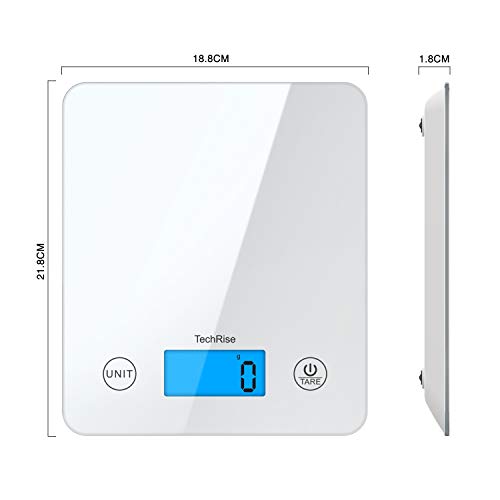 TechRise Báscula de Cocina Digital, Smart Digital Báscula con Pantalla LCD para Cocina de Material de Vidrio, 5kg/11lbs, Balanza de Alimentos Multifuncional, Color Blanco