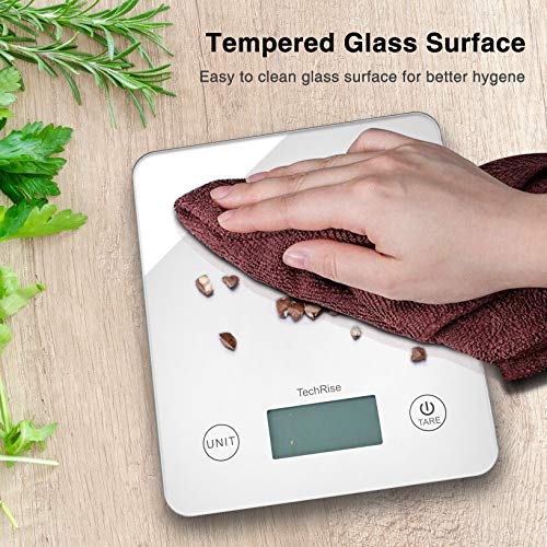 TechRise Báscula de Cocina Digital, Smart Digital Báscula con Pantalla LCD para Cocina de Material de Vidrio, 5kg/11lbs, Balanza de Alimentos Multifuncional, Color Blanco