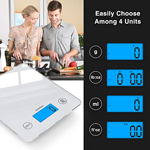 TechRise Báscula de Cocina Digital, Smart Digital Báscula con Pantalla LCD para Cocina de Material de Vidrio, 5kg/11lbs, Balanza de Alimentos Multifuncional, Color Blanco