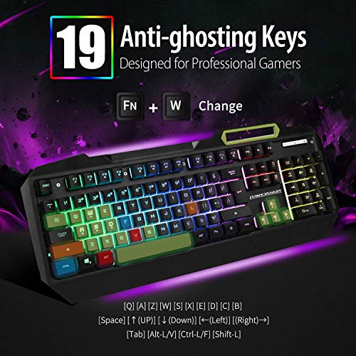 Teclado de juego con retroiluminación LED RGB con control anti-fantasma, teclas de iluminación multimedia, USB con cable impermeable teclado de metal para PC juegos oficina negro Negro frío.