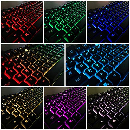 Teclado de juego con retroiluminación LED RGB con control anti-fantasma, teclas de iluminación multimedia, USB con cable impermeable teclado de metal para PC juegos oficina negro Negro frío.