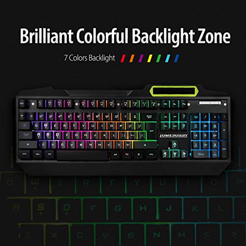 Teclado de juego con retroiluminación LED RGB con control anti-fantasma, teclas de iluminación multimedia, USB con cable impermeable teclado de metal para PC juegos oficina negro Negro frío.