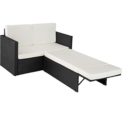 TecTake 800693 - Sofá de Ratán, Asiento Doble, Taburete con Reposapiés, Incl. Cojines Gruesos (Negro | No. 403124)