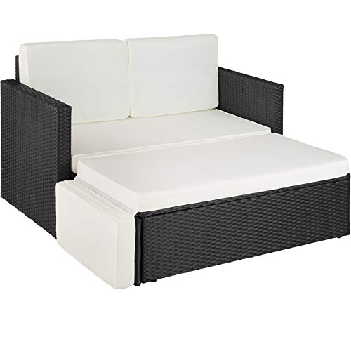 TecTake 800693 - Sofá de Ratán, Asiento Doble, Taburete con Reposapiés, Incl. Cojines Gruesos (Negro | No. 403124)