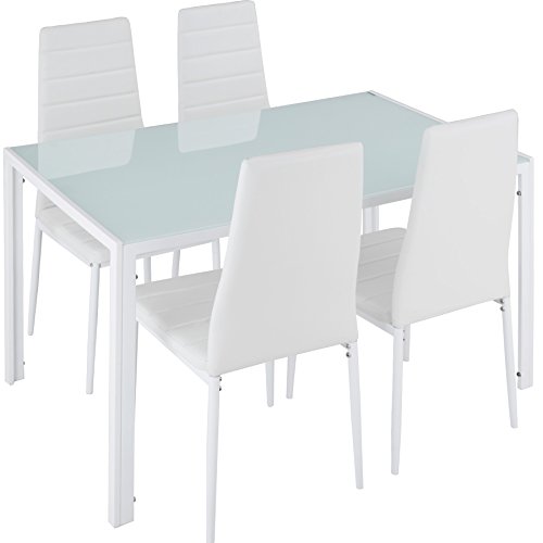 TecTake Conjunto de Mesa y 4 sillas de Comedor | Alto Grado de Confort | Tablero de la Mesa Robusto, de Vidrio Templado de Seguridad (Blanco | No. 402838)